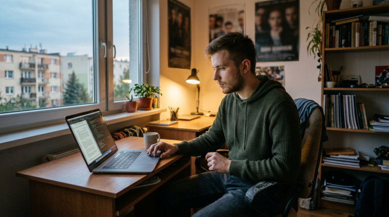 Maturzysta przy laptopie w pokoju sprawdza studia i rekrutację sierpniową w Akademii Tarnowskiej. Student planuje karierę i wybiera przyszły kierunek nauki.
