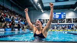 Triumfująca studentka UW w czepku świętuje rekord pływacki na basenie w Polsce. Radość medalistki i sport studencki na tle nowoczesnej hali sportowej.