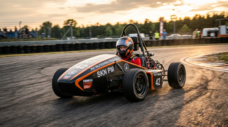 Bolid studencki na zakręcie toru Autodrom Słomczyn, Polska. Dynamiczny sport studencki w złotym świetle: detale inżynieryjne i spojrzenie kierowcy przez wizjer.