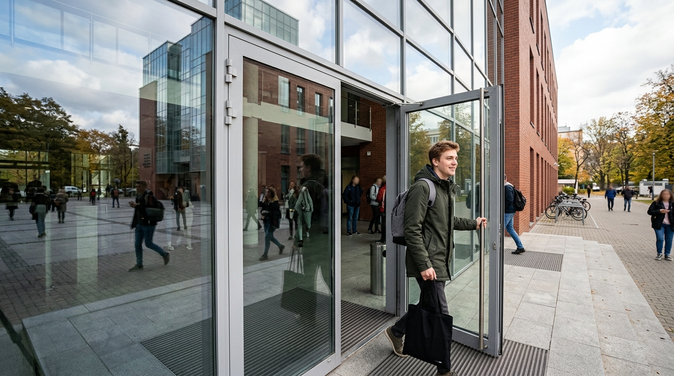 Młody student polskiej uczelni cywilnej wychodzi przez oszklone drzwi wejściowe. Stypendium MON 3000 zł dla studentów na studia i karierę.