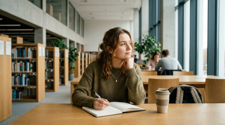 Zamyślony student w nowoczesnej bibliotece na uczelni w Polsce. Badanie zdrowia psychicznego i dobrostan studentów w jasnym, spokojnym wnętrzu akademickim.