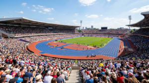 Alexander Stadium w Birmingham latem. Kibice na trybunach mistrzostw Europy, gdzie polska sztafeta i łódzcy studenci wywalczyli finał. Sport studencki.