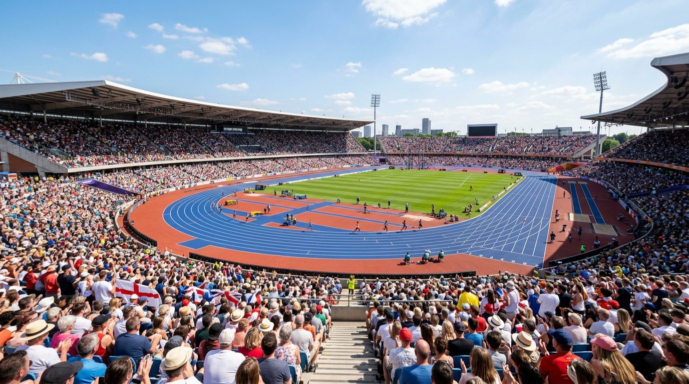 Alexander Stadium w Birmingham latem. Kibice na trybunach mistrzostw Europy, gdzie polska sztafeta i łódzcy studenci wywalczyli finał. Sport studencki.