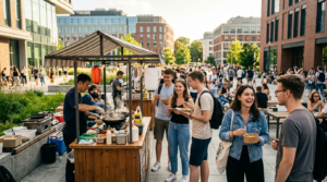 Studenci w Polsce na Taste of Korea. Nowoczesna uczelnia, studia azjatyckie i kariera przy stoisku z kuchnią koreańską w ciepłym, sierpniowym świetle.