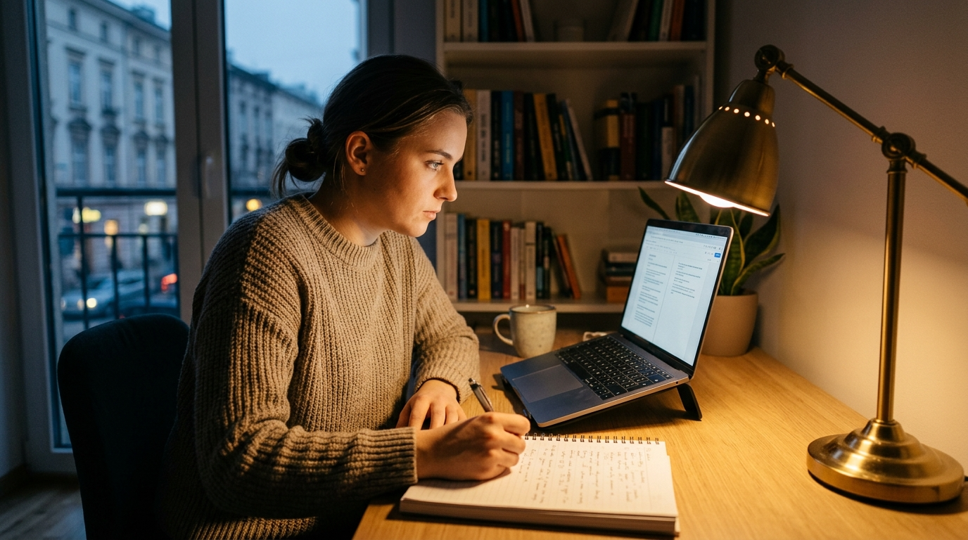 Skupiony student w Polsce łączy asynchroniczne studia online z pracą. Wieczorny home office, laptop, notatnik i ciepłe światło lampy. Balans nauki i etatu.