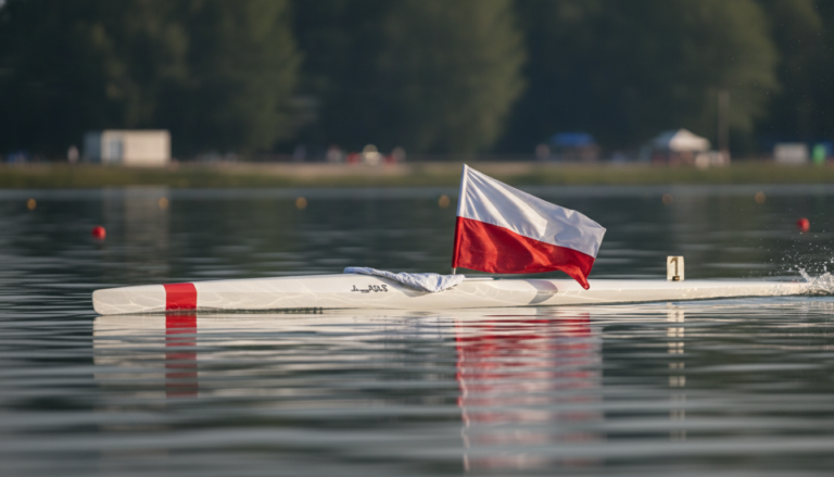 Kajak z finezyjnie ułożoną flagą Polski na torze Maty-ér. Akademickie mistrzostwa świata w kajakarstwie, sport studencki i medale polskich studentów.