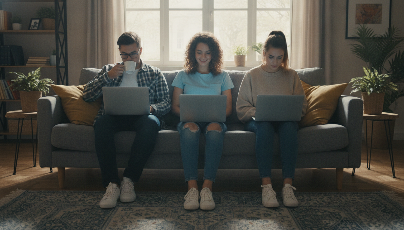 Trójka studentów na kanapie z laptopami sprawdza wolne miejsca i drugą turę rekrutacji na studia 2026. Światło ekranów odbija się na nich w sierpniowy dzień.