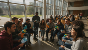Uśmiechnięci studenci pierwszego roku WSIiZ w Rzeszowie współpracują w przeszklonej hali. Grywalizacja i integracja z użyciem tabletów i kolorowych rekwizytów.