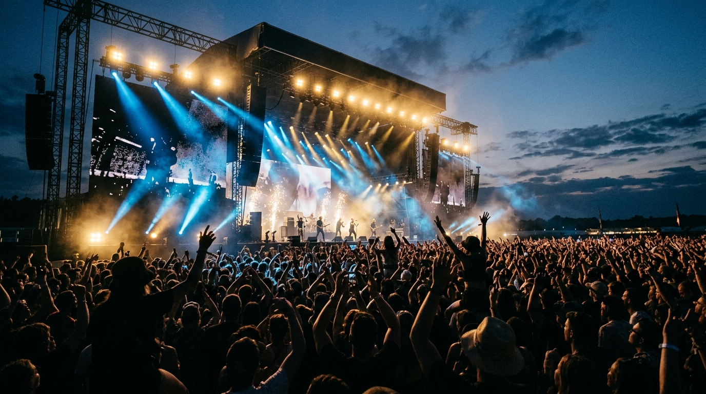Tłum na finale Męskiego Grania w Polsce. Scena o zmierzchu, niebiesko-złote światła i mgła. Sylwetki fanów z uniesionymi rękami na wyprzedanym koncercie.