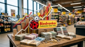 Logo Biedronka, napis Codziennie niskie ceny, słupki, wykresy i polskie pieniądze. Bankructwo studentów zarządzających wirtualnymi sklepami sieci Biedronka.