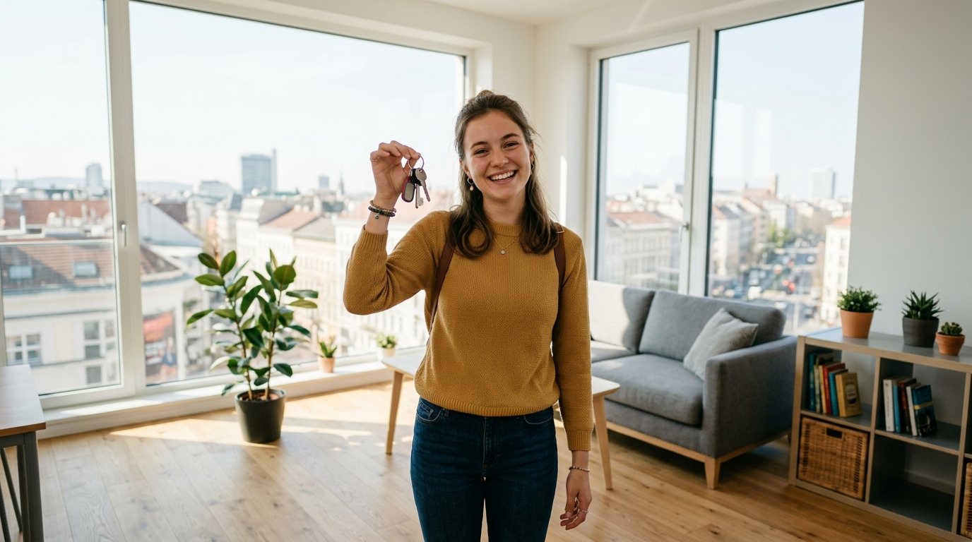 Radosny student trzyma klucze do taniego mieszkania Szczecińskie TBS. Jasny, nowoczesny pokój studencki i minimalistyczne wnętrze z widokiem na miasto.