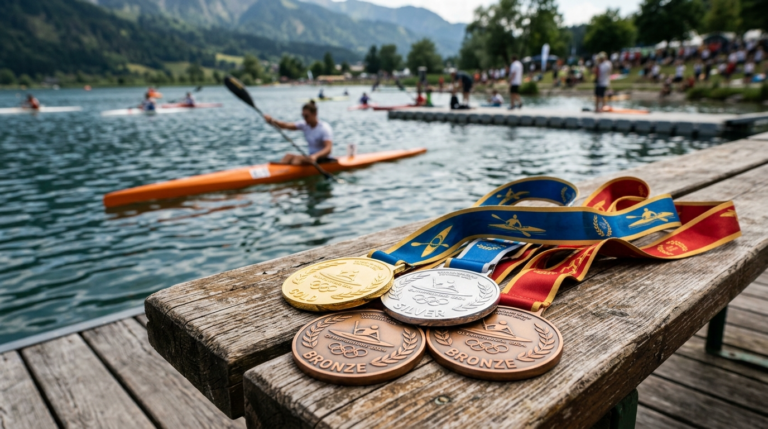 Cztery medale Akademickiej Reprezentacji Polski w kajakarstwie: złoty, srebrny i dwa brązowe na tle kajaka. Sport studencki i sukcesy Polaków w węgierskim Szeged.