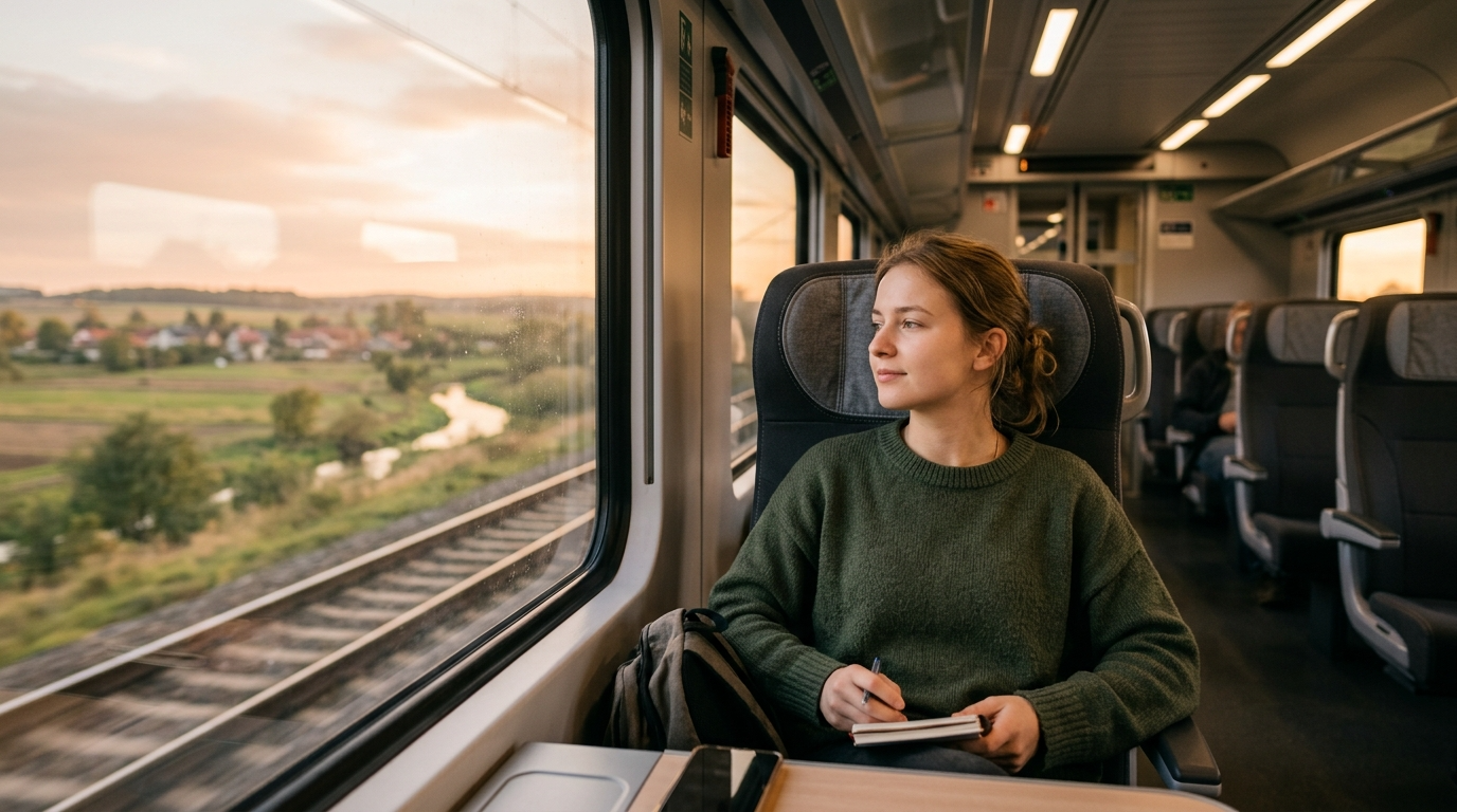 Spokojny student w pustym, nowoczesnym pociągu PKP Intercity. Komfortowa podróż bez tłumów do miasta akademickiego, widok z okna przy zachodzie słońca.