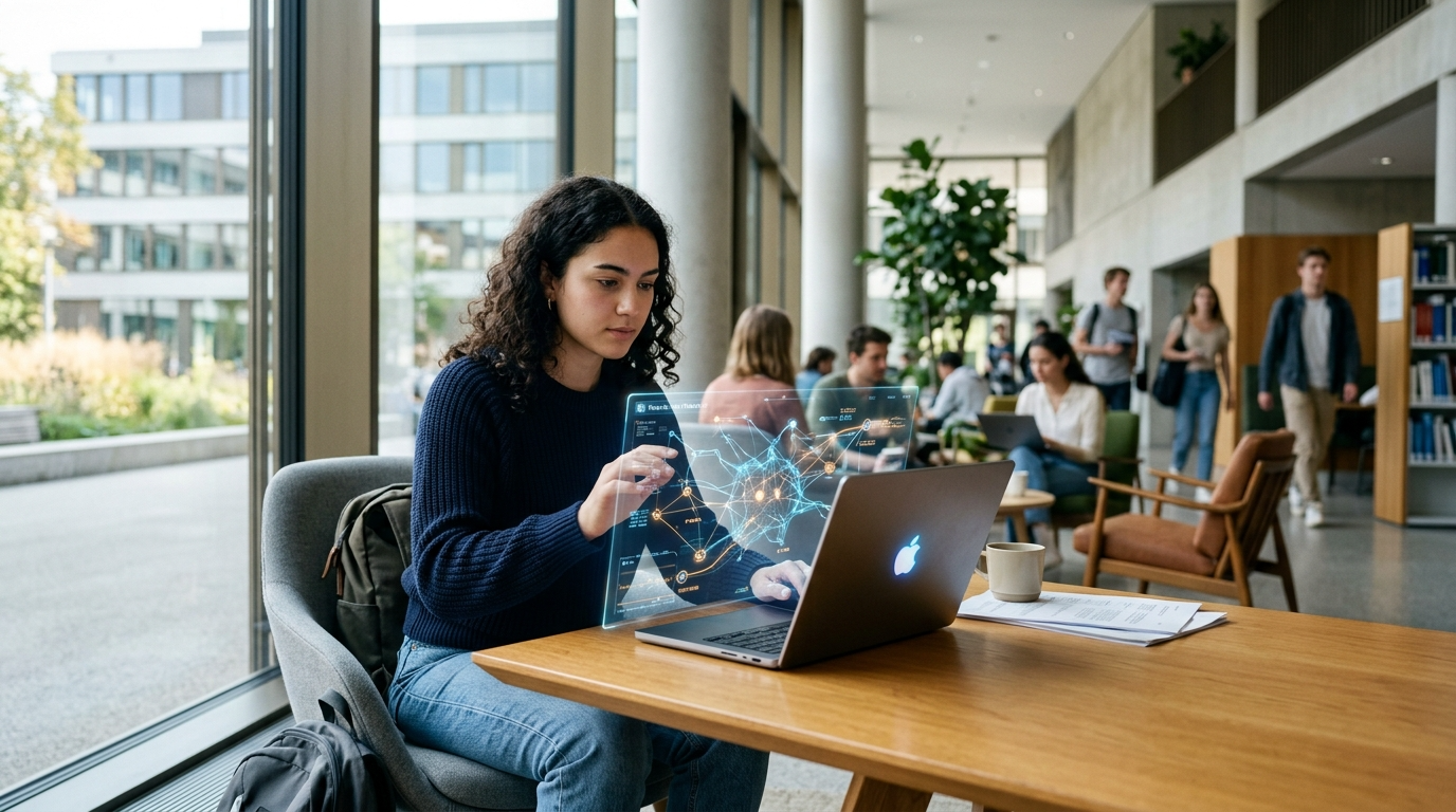 Student przy laptopie z hologramem sieci neuronowej AI. Darmowy pakiet Google AI Plus dla studentów i zniżki na wersję Pro ułatwiają naukę na uczelni.