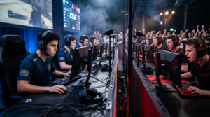 Rywalizacja HYPERSPIRIT i Just Players w Counter Strike 2 na turnieju CCT. Sport studencki: skupieni gracze przy platformach do gier na sali uniwersyteckiej.