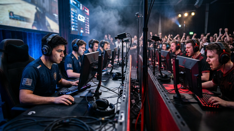 Rywalizacja HYPERSPIRIT i Just Players w Counter Strike 2 na turnieju CCT. Sport studencki: skupieni gracze przy platformach do gier na sali uniwersyteckiej.