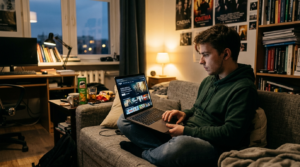 Student wieczorem na kanapie przegląda filmy na platformie Prime Video. Inwestycja Amazona przynosi nowe formaty i promocje na streaming wideo w domu.