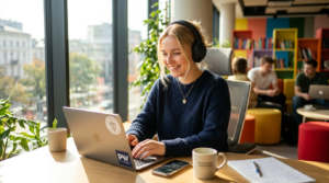 Uśmiechnięty student pracuje na laptopie w słonecznym pokoju. Promocja Student Net od TOYA na elastyczny internet stacjonarny i zniżki dla studentów.