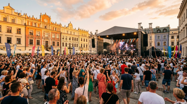 Koncert Lata z Radiem i Telewizją Polską w Tarnowie. Tłum pod sceną na tle renesansowych kamienic w blasku zachodzącego słońca. Darmowe atrakcje i letni festiwal.