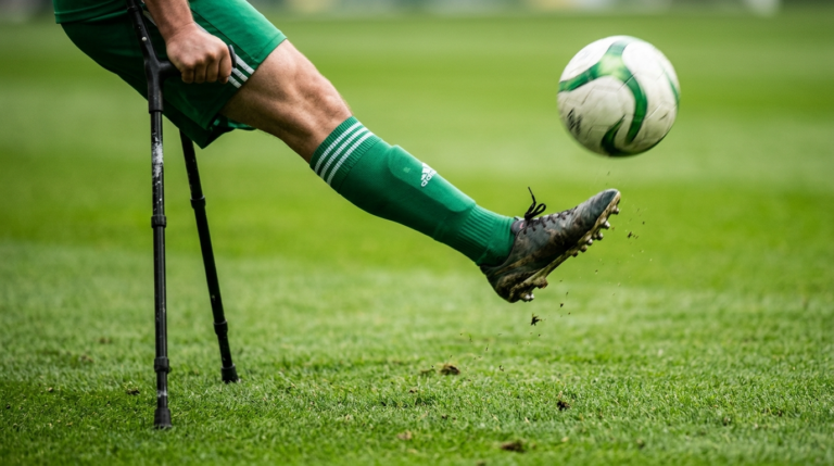 Dynamiczne ujęcie nogi ampfutbolisty Wisły Kraków w zielonym getrze i kuli podczas strzału. Turniej ampfutbolu we Wrocławiu, sport studencki na murawie.