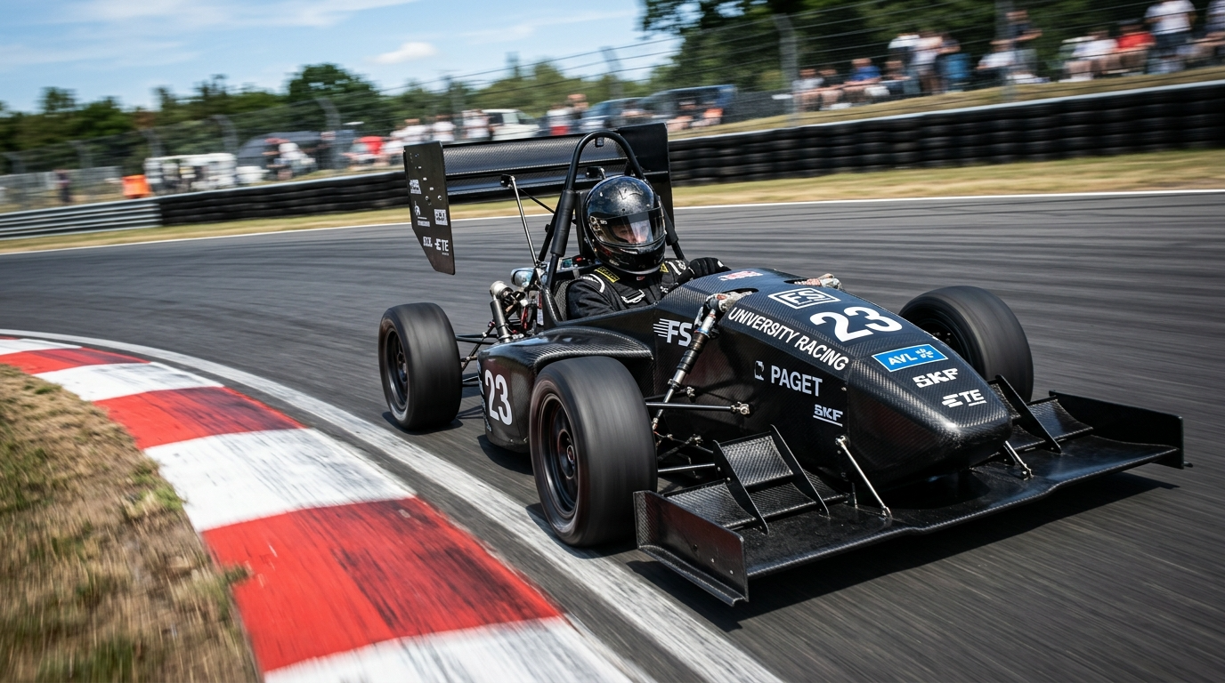 Niskie ujęcie na studencki bolid wyścigowy pędzący na Autodromie Słomczyn. Karbonowe auto lśni w słońcu podczas międzynarodowych zawodów sportu studenckiego.