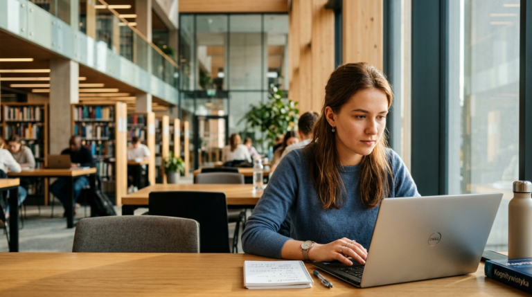 Studentka uniwersytetu w Kielcach składa wniosek o stypendium na laptopie w słonecznej bibliotece. Nowoczesne wnętrze uczelni, skupienie i książki w tle.