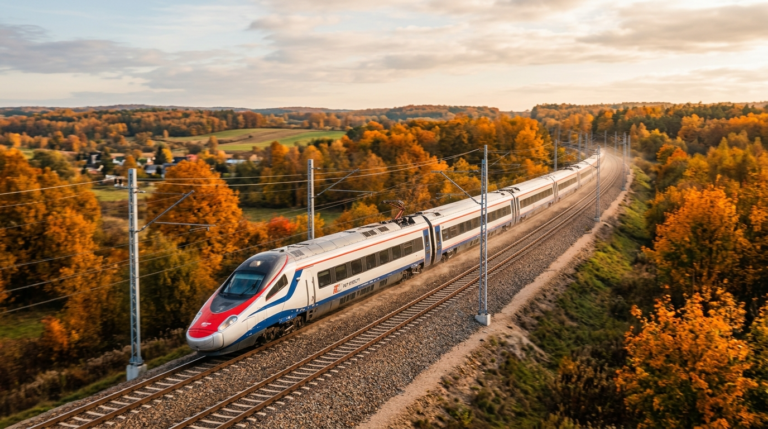 Nowoczesny pociąg PKP Intercity na trasie przez jesienny las ze złotymi drzewami. Perspektywa torów w porannym świetle. Nowy jesienny rozkład jazdy pociągów.