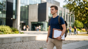 Polski student trzyma dokumenty i teczkę w słoneczny sierpień na tle nowoczesnego budynku. Praca wakacyjna na etacie i ubezpieczenie studentów.