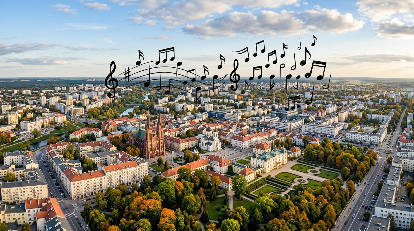 Panorama Białegostoku z lotu ptaka i rysunkowe nuty. Darmowy koncert Skolima i Małgorzaty Ostrowskiej w centrum Białegostoku. Kultura i rozrywka.