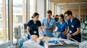 Studenci medycyny w scrubsach ćwiczą na fantomie. Legion Medyczny dla ochotników i specjalistów – aktywność studencka i współpraca w nowoczesnym laboratorium.