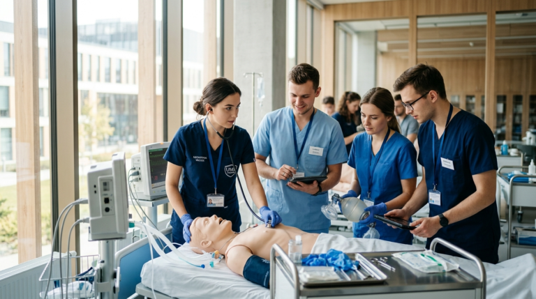 Studenci medycyny w scrubsach ćwiczą na fantomie. Legion Medyczny dla ochotników i specjalistów – aktywność studencka i współpraca w nowoczesnym laboratorium.