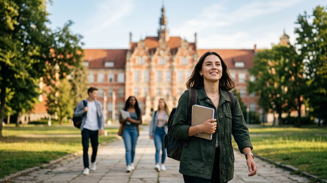 Student przed Gmachem Głównym Politechniki Gdańskiej. Dodatkowy nabór na studia i kierunki studiów. Rozmyte tło z czerwonej cegły w porannym słońcu.