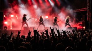Tłum fanów robi gest rogów na MateriaFest w Szczecinku. Nocny koncert metalowy w czerwonych światłach i mgle. Dynamiczne ujęcie na tle rozmytej sceny z zespołem.