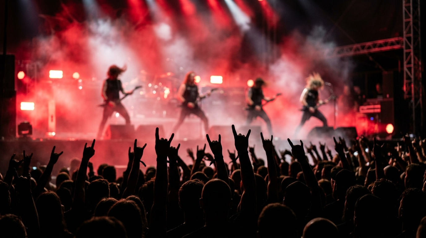 Tłum fanów robi gest rogów na MateriaFest w Szczecinku. Nocny koncert metalowy w czerwonych światłach i mgle. Dynamiczne ujęcie na tle rozmytej sceny z zespołem.