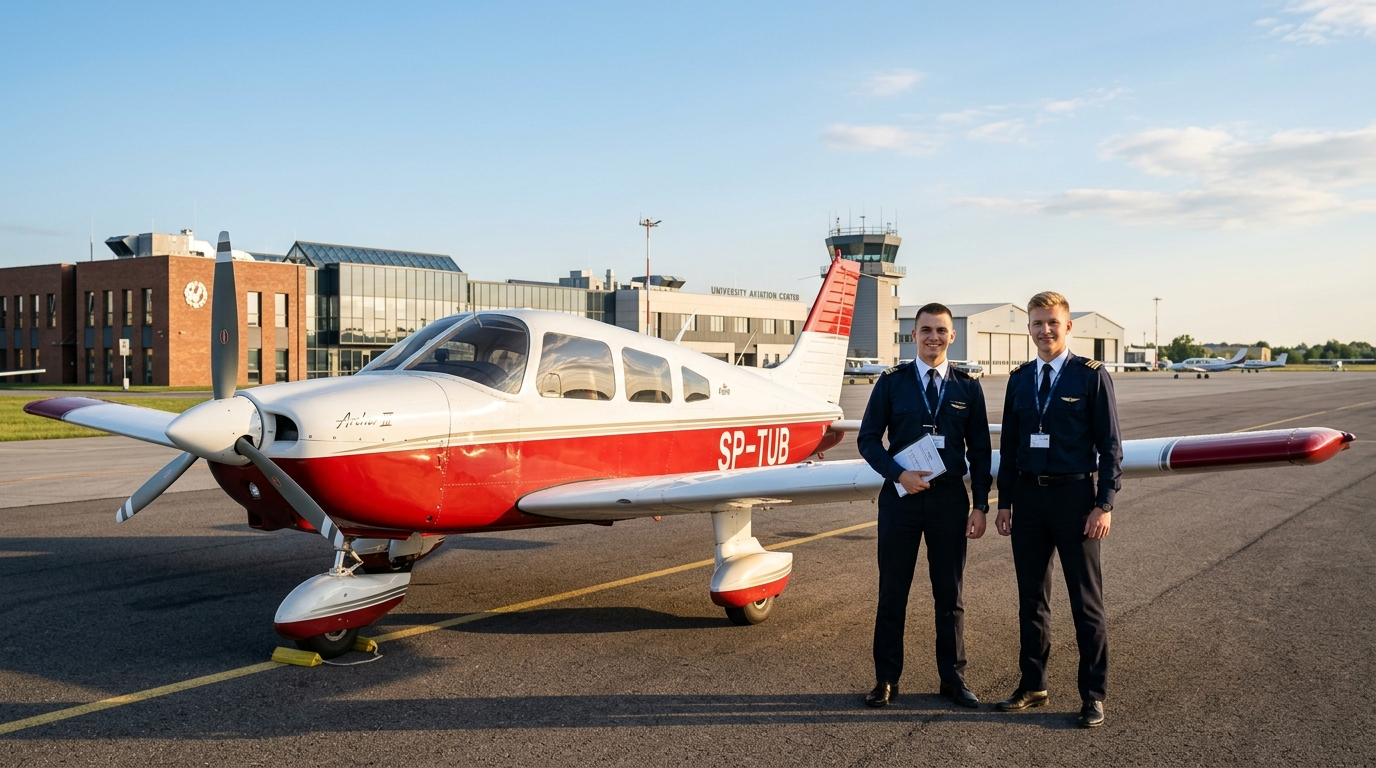 Samolot Piper Archer III SP-TUB Politechniki Rzeszowskiej na lotnisku. Studenci pilotażu w mundurach przy nowoczesnej maszynie szkoleniowej w słońcu.