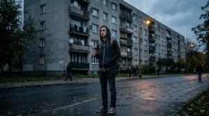Zestresowany student przed blokiem w Krakowie. Nastrojowe światło oddaje niepokój i brutalny wyścig o studenckie mieszkania na wynajem. Szukanie lokum.