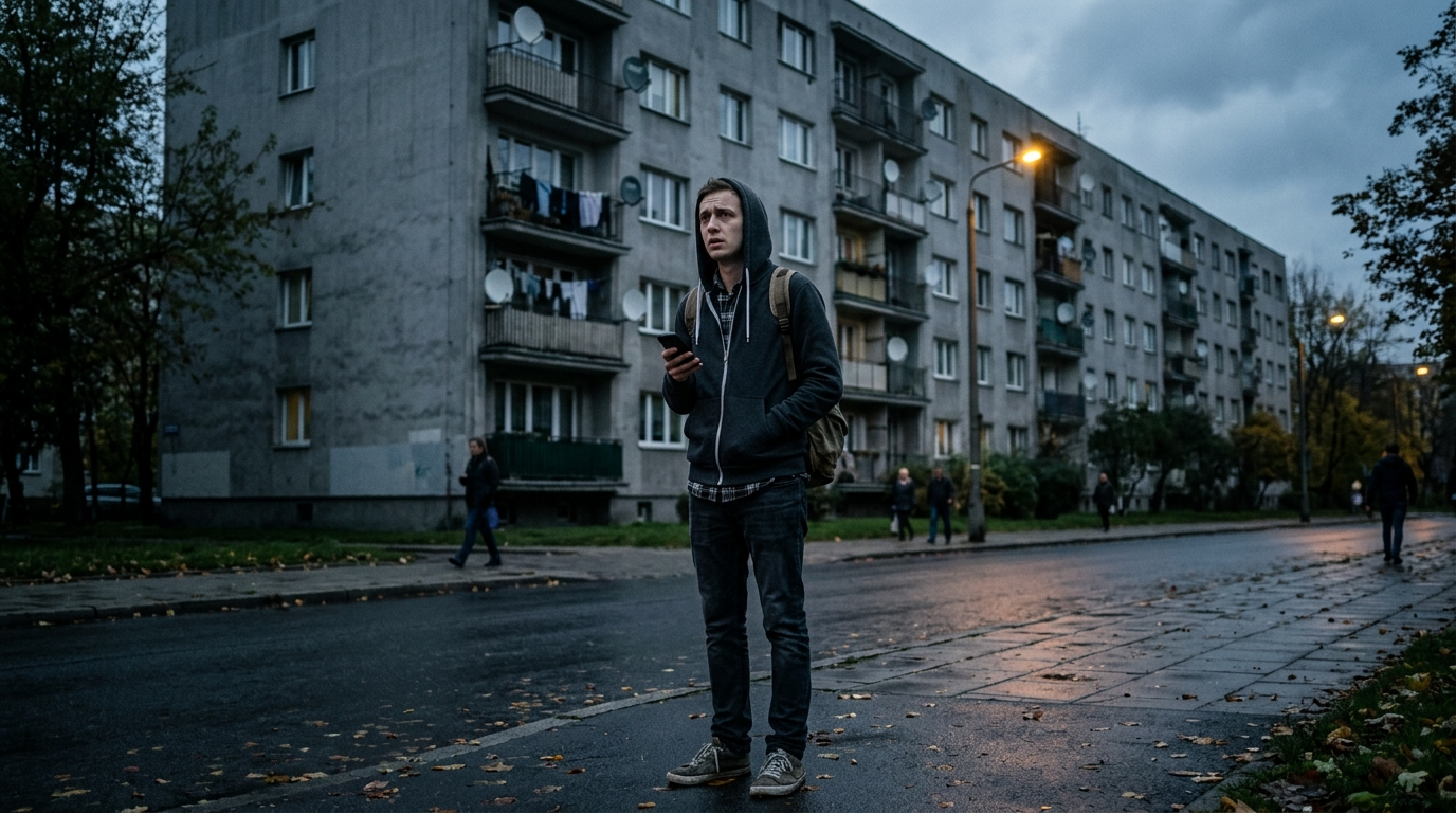 Zestresowany student przed blokiem w Krakowie. Nastrojowe światło oddaje niepokój i brutalny wyścig o studenckie mieszkania na wynajem. Szukanie lokum.