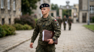 Polski student wojskowy trzymający teczkę z dokumentami na wniosek o stypendium MON. Mundur, wyblurowane tło, terminy stypendialne dla studentów.