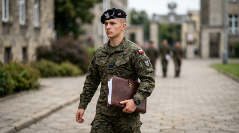 Polski student wojskowy trzymający teczkę z dokumentami na wniosek o stypendium MON. Mundur, wyblurowane tło, terminy stypendialne dla studentów.