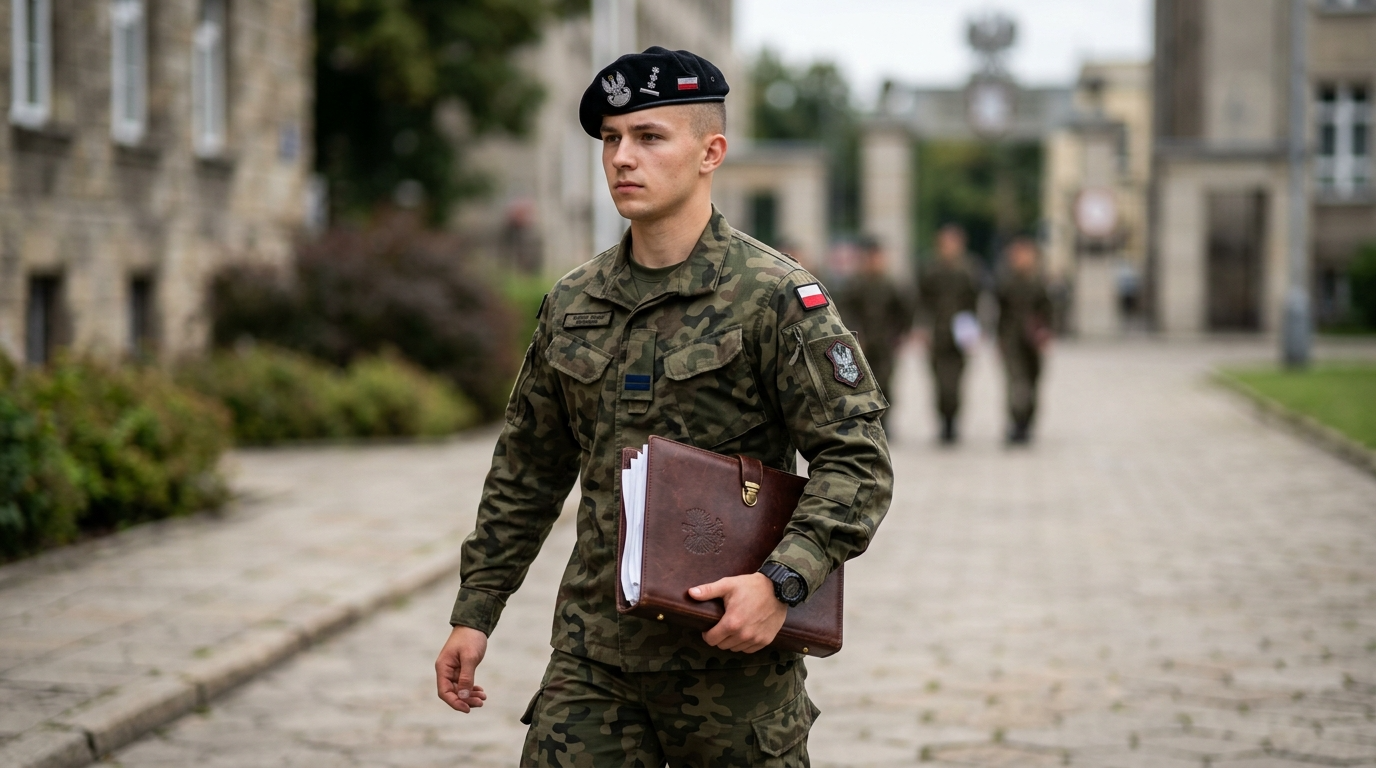 Polski student wojskowy trzymający teczkę z dokumentami na wniosek o stypendium MON. Mundur, wyblurowane tło, terminy stypendialne dla studentów.