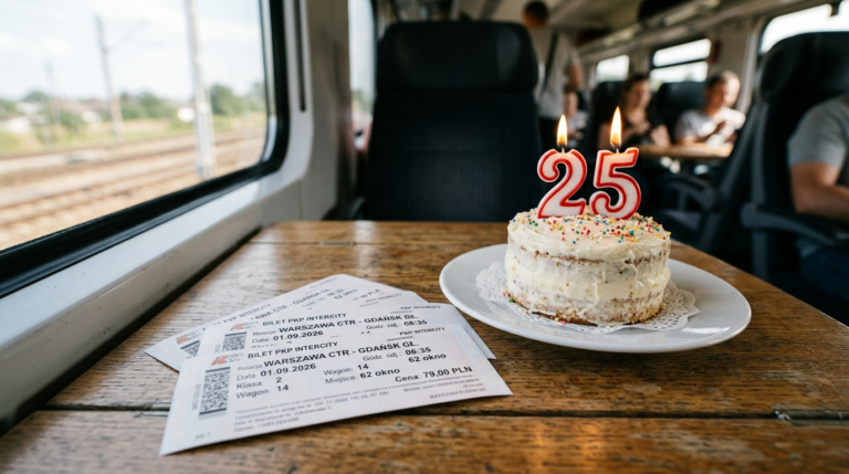 Bilety PKP Intercity z datą 01.09.2026 i tort urodzinowy z 25 świeczkami. Promocja urodzinowa na tanie bilety na pociągi i zniżki dla pasażerów.