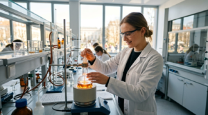 Student w białym fartuchu i szklane naczynia w jasnym laboratorium Wydziału Chemicznego Politechniki Gdańskiej. Dodatkowa rekrutacja na studia.