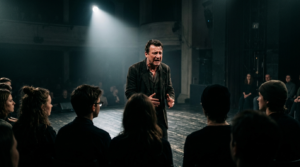 Robert Więckiewicz na scenie teatralnej w blasku reflektora. Studenci w Gdańsku oglądają poruszający spektakl. Dramatyczny występ aktora, kultura i emocje.