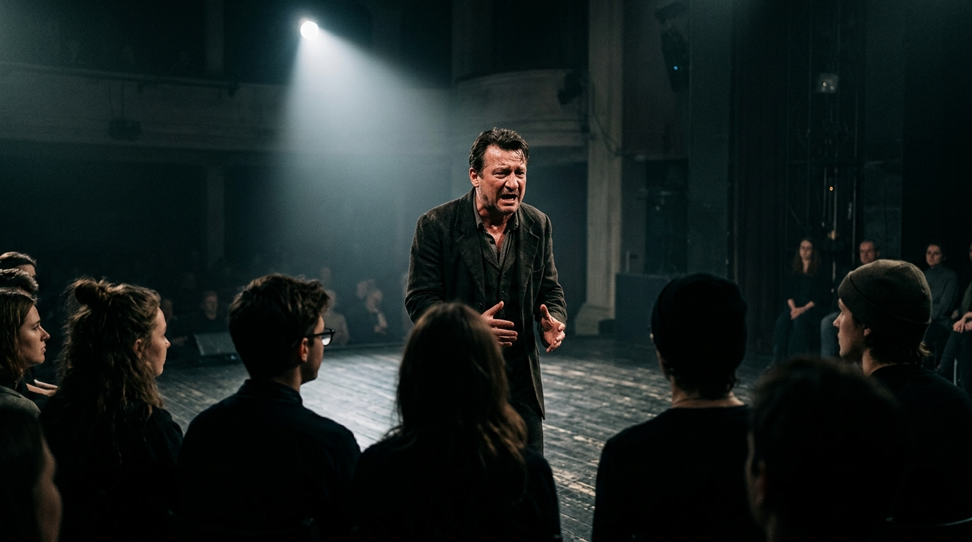 Robert Więckiewicz na scenie teatralnej w blasku reflektora. Studenci w Gdańsku oglądają poruszający spektakl. Dramatyczny występ aktora, kultura i emocje.