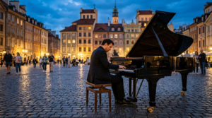 Fortepian na bruku warszawskiego Starego Miasta podczas błękitnej godziny. W tle oświetlone kamienice. Wieczorny koncert chopinowski, kultura w Warszawie.