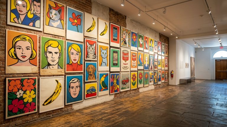Kolorowe plakaty pop art w galerii sztuki w Warszawie. Awangardowa wystawa Łodzi Kaliskiej prezentująca nowoczesny design i modę w pustym wnętrzu.