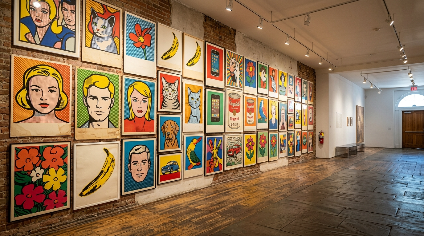 Kolorowe plakaty pop art w galerii sztuki w Warszawie. Awangardowa wystawa Łodzi Kaliskiej prezentująca nowoczesny design i modę w pustym wnętrzu.
