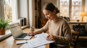 Uśmiechnięty student przy laptopie i dokumentach rekrutacyjnych. Tańsze wpisowe dla kandydatów do szkoły wyższej we Włocławku. Promocja i słoneczne biurko.