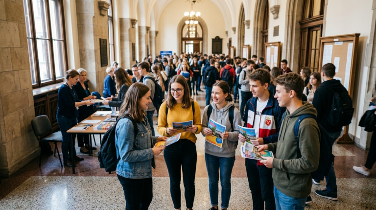 Maturzyści z ulotkami uczelni w holu głównym. Salony Maturzystów 2026, rekrutacja na studia medyczne i wybór kariery. Spotkanie we wrześniu.