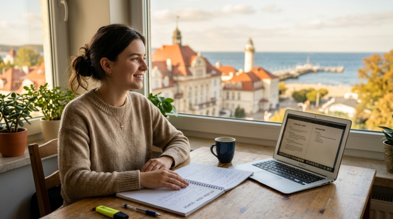 Student w Sopocie przy laptopie i notatnikach. W tle architektura Sopotu. Jednorazowe wsparcie finansowe i stypendia dla studentów oraz doktorantów.
